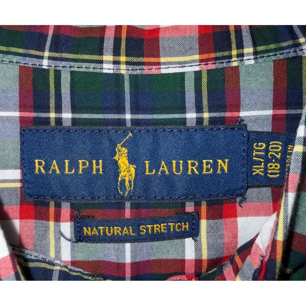 Ralph Lauren Plaid Button Down Shirt Kids XL 18-20 Green Red Natural Stretch